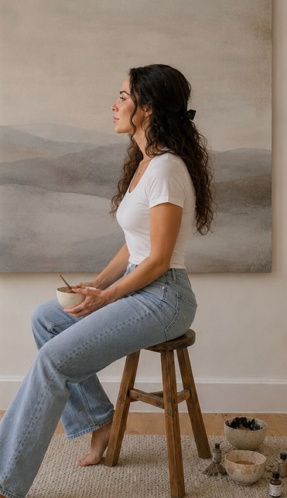 Sepideh in a quiet, reflective moment in the studio