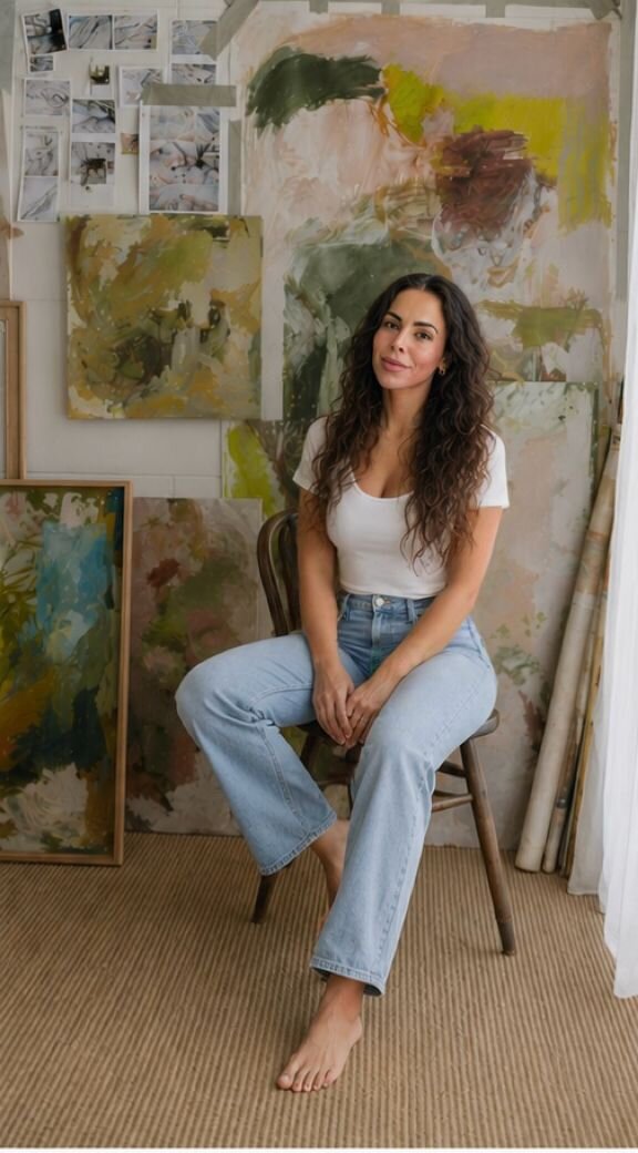 Sepideh Shoar seated among her paintings in the studio